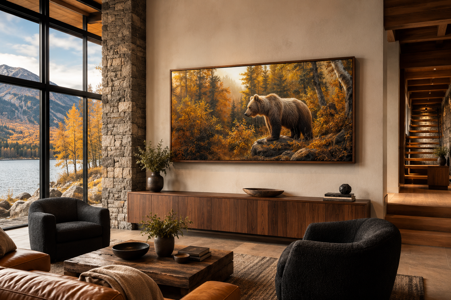 Grizzly Bear In Autumn Forest Photo Style Painting Canvas Wall Art For Cabin Decor