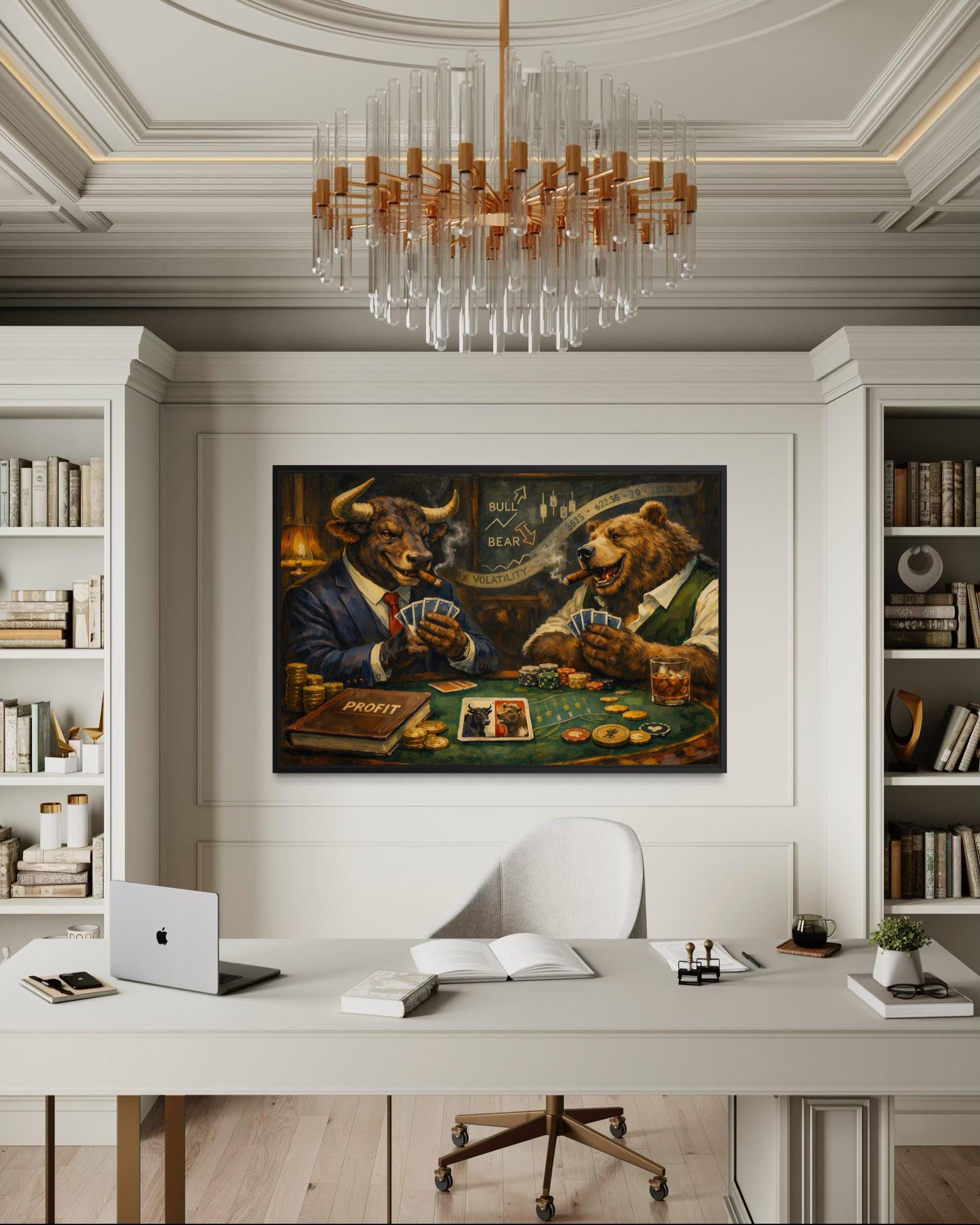 Bull And Bear Playing Poker Wall Art - Wall Street Canvas Print | Funny Men's Office Decor
