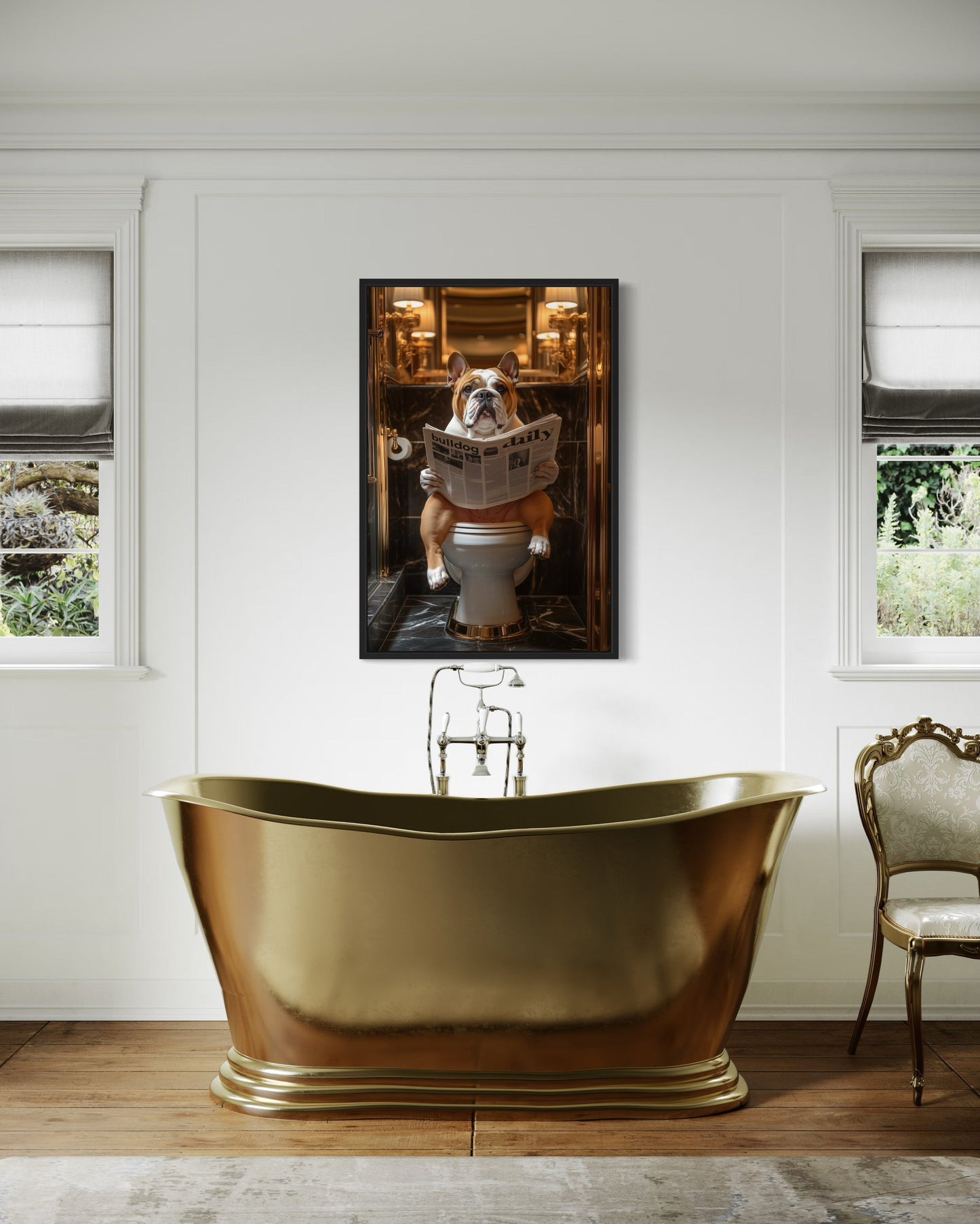 Bulldog On Toilet Reading Newspaper Bathroom Picture Canvas Wall Art