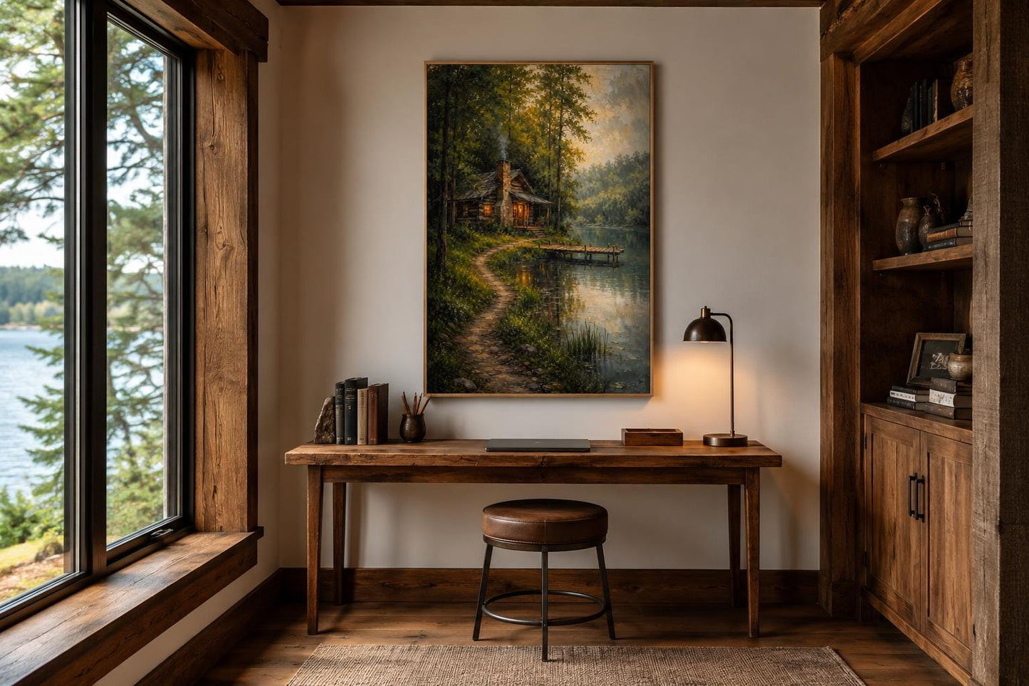 Cabin Wall Art - Rustic Lake House Decor Vertical Canvas Print With Cozy Forest Cabin