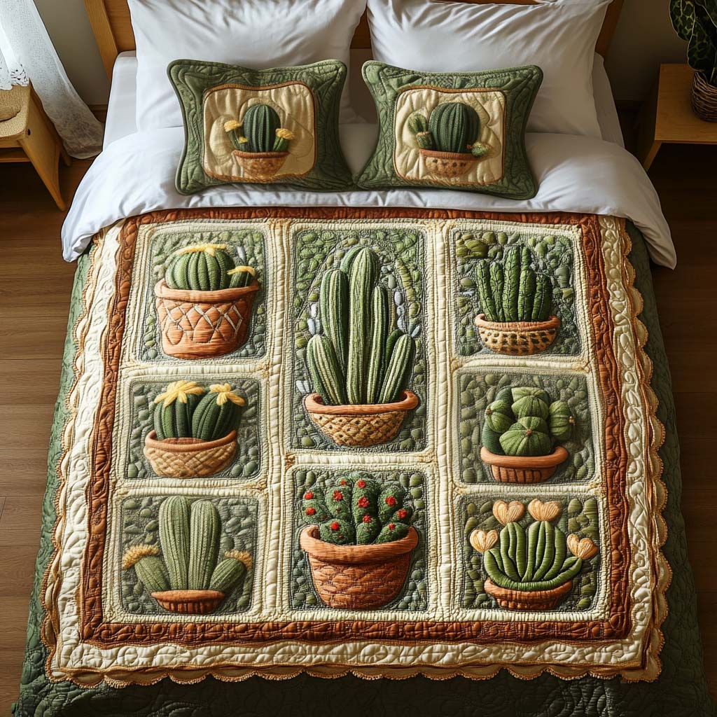 Cactus Pots 3-Piece Quilted Bedding Set - Single (59" x 70")