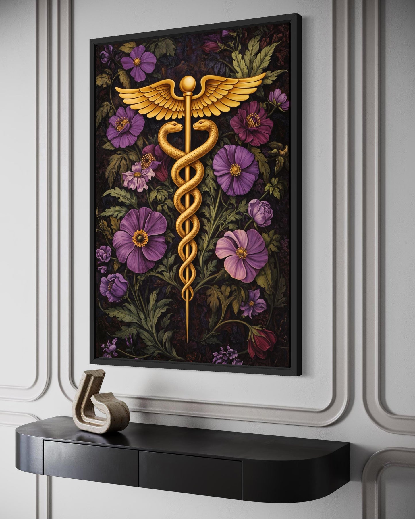 Caduceus Medical Wall Art – Floral Healthcare Print | Doctor Office Decor Canvas