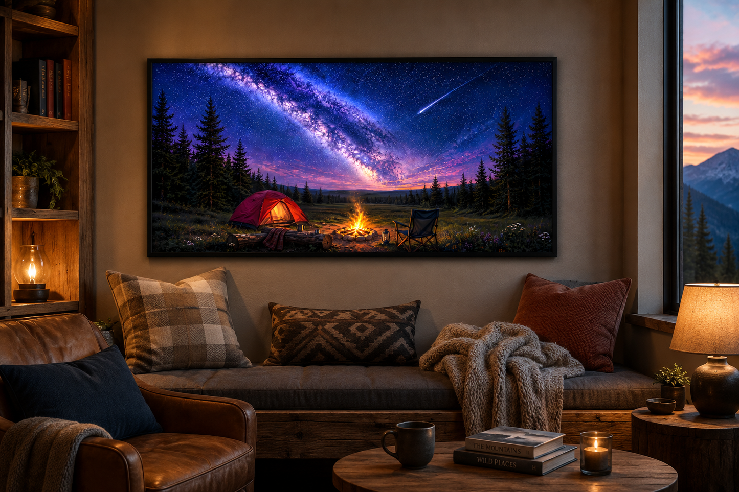 Campfire Camping Scene Under Milky Way Night Sky Painting, Milky Way and Shooting Star Canvas Wall Art