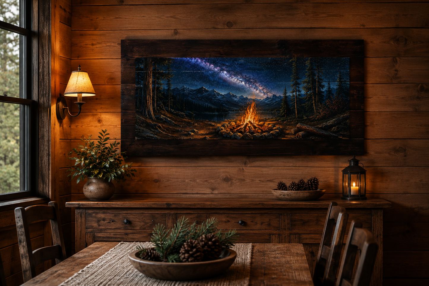 Campfire Wall Art - Rustic Cabin Decor With Wooden Camping Sign & Fireplace Mantel