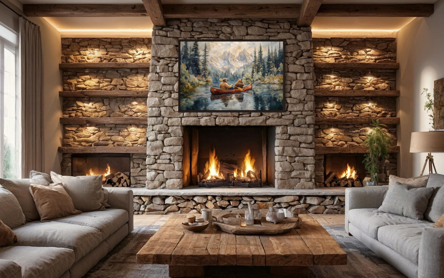 Canoe Adventure Wall Art, Man and Bear on Mountain Lake For Fishing Cabin Decor