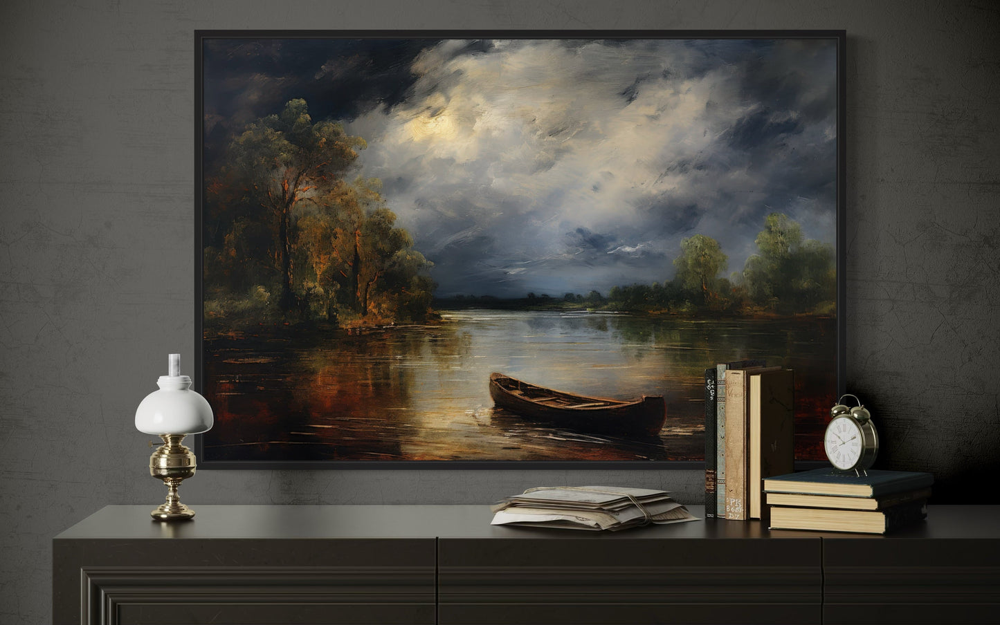 Canoe In The Lake At Night Vintage Moody Dark Academia Cabin Wall Decor Canvas Wall Art