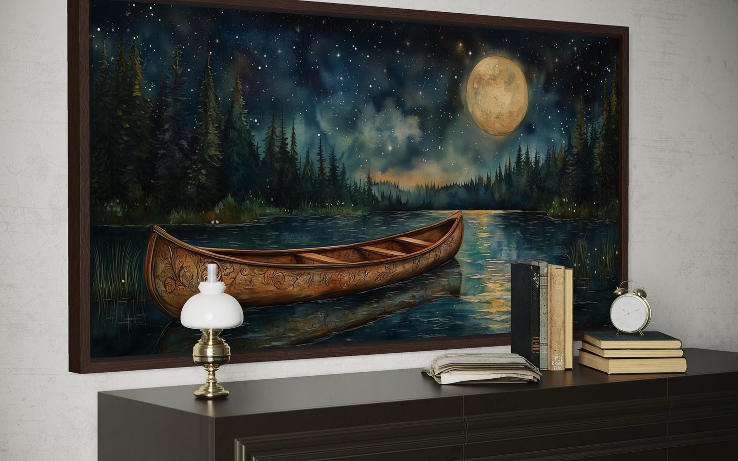 Canoe on Moonlit Lake And Forest Night Scene Canvas Wall Art For Cabin Decor