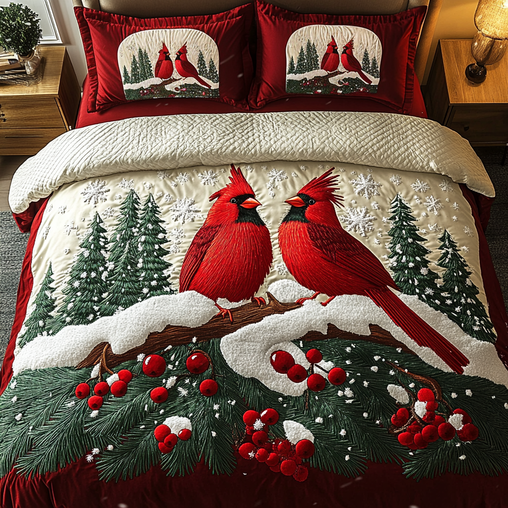 Cardinal Christmas Delight 3-Piece Quilted Bedding Set - Single (59" x 70")