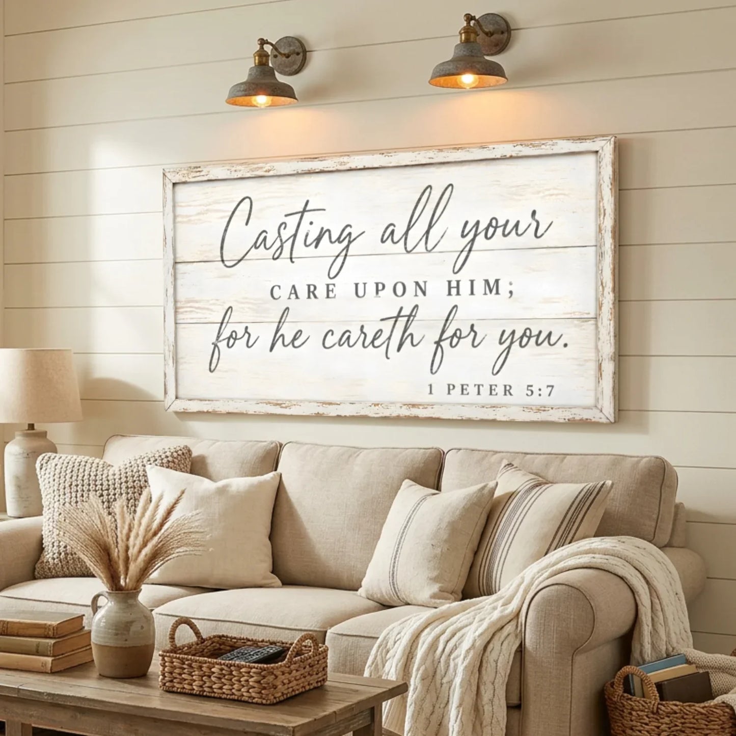 Living room with a beige sofa, decorative pillows, and a large framed quote on the wall. Casting All Your Care - 1 Peter 5:7