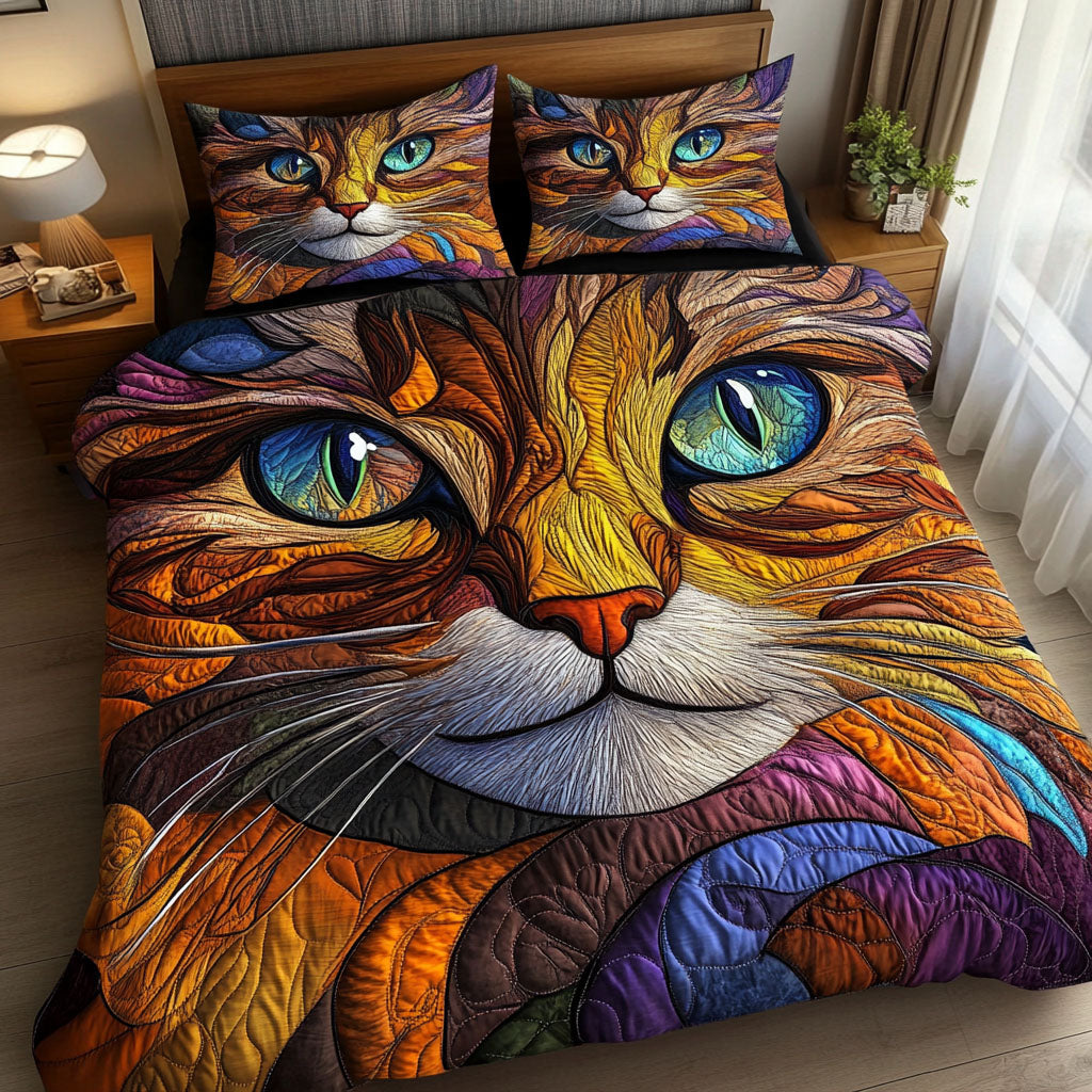 Cat Colorful Gaze 3-Piece Quilted Bedding Set - Single (59" x 70")