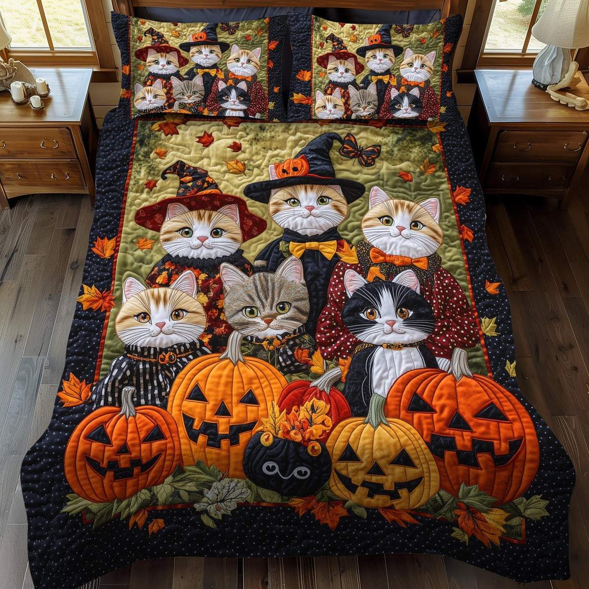 Cat Coven Halloween 3-Piece Quilted Bedding Set - Single (59" x 70")