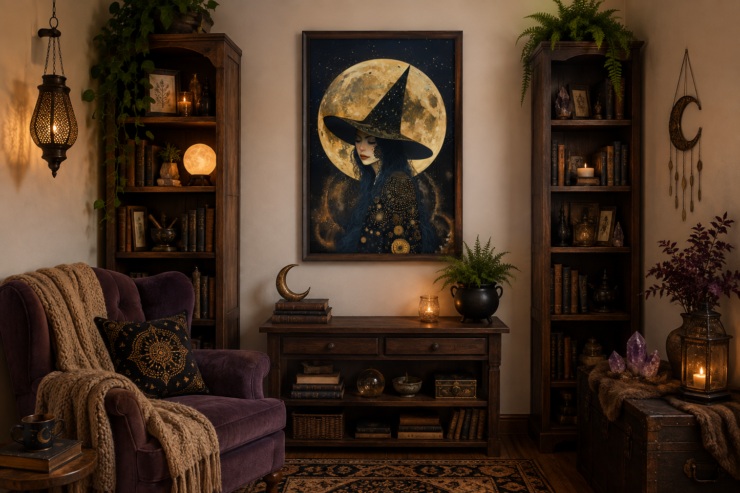 Celestial Witch With Full Moon And Starry Sky Halloween Wall Art
