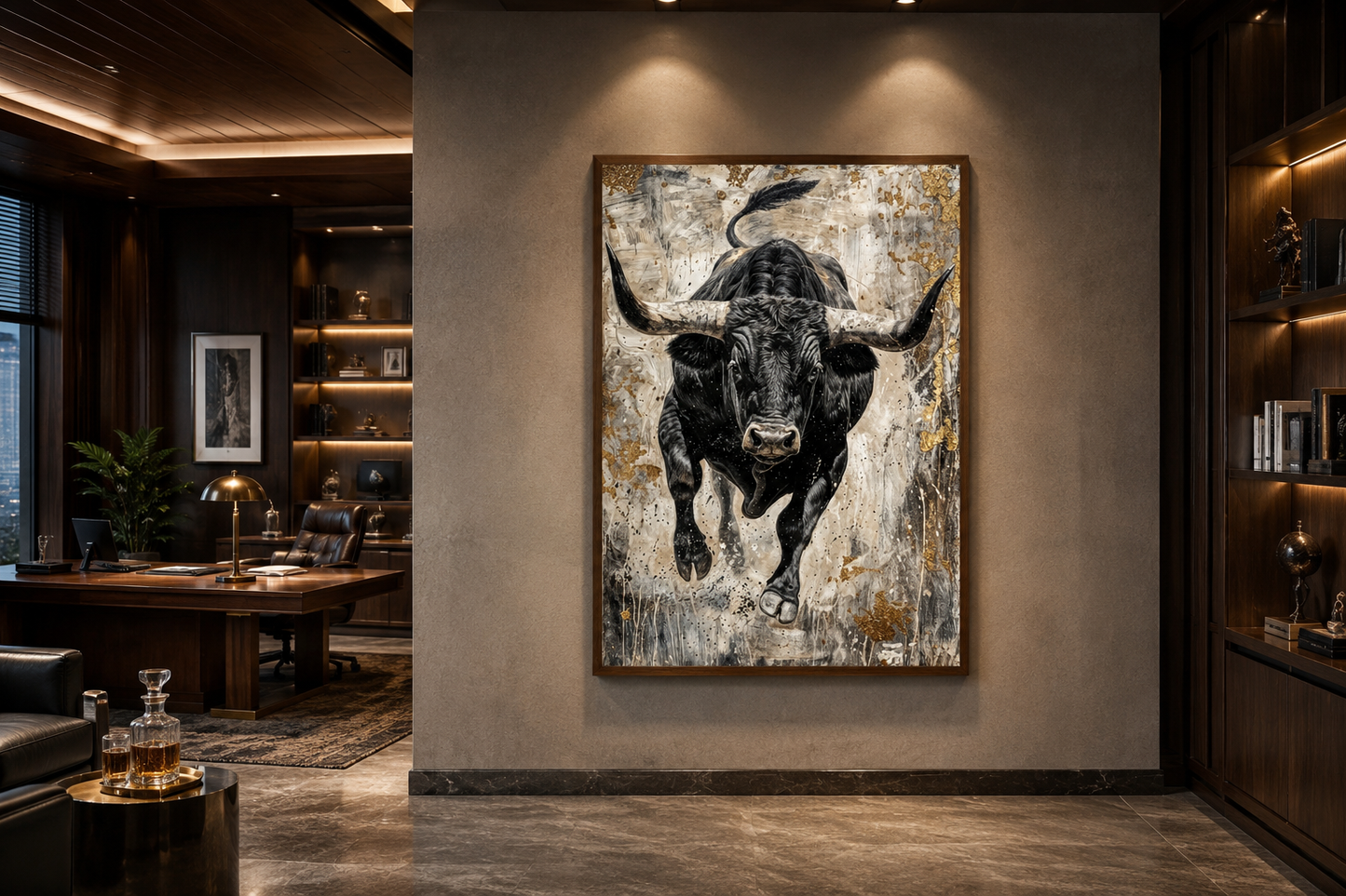 Charging Bull Vertical Abstract Painting - Man Cave or Mens Office Wall Art