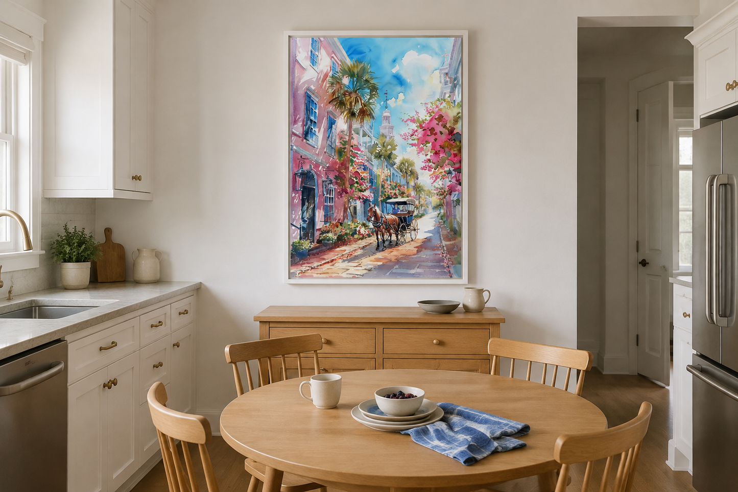 Charleston Horse Carriage In The Street Framed Canvas Wall Art