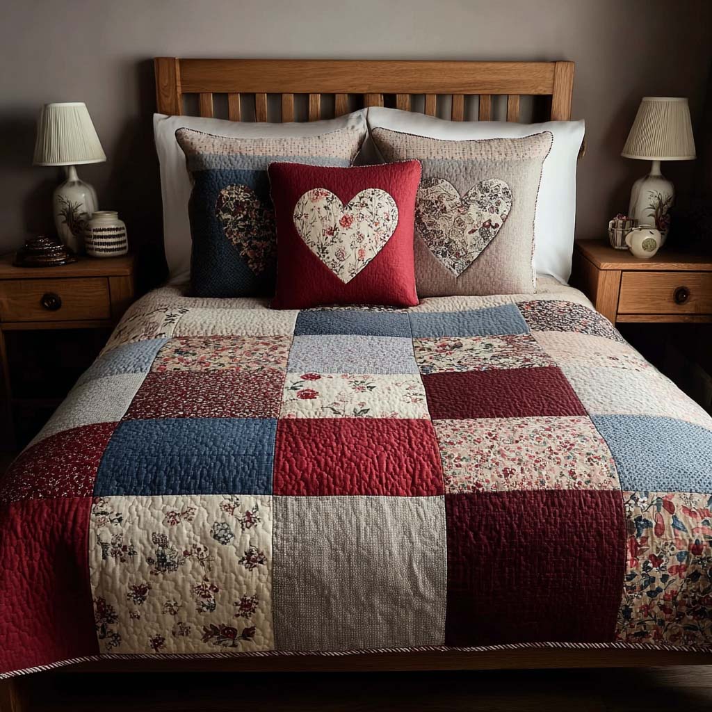 Cherished Hearts 3-Piece Quilted Bedding Set - Single (59" x 70")