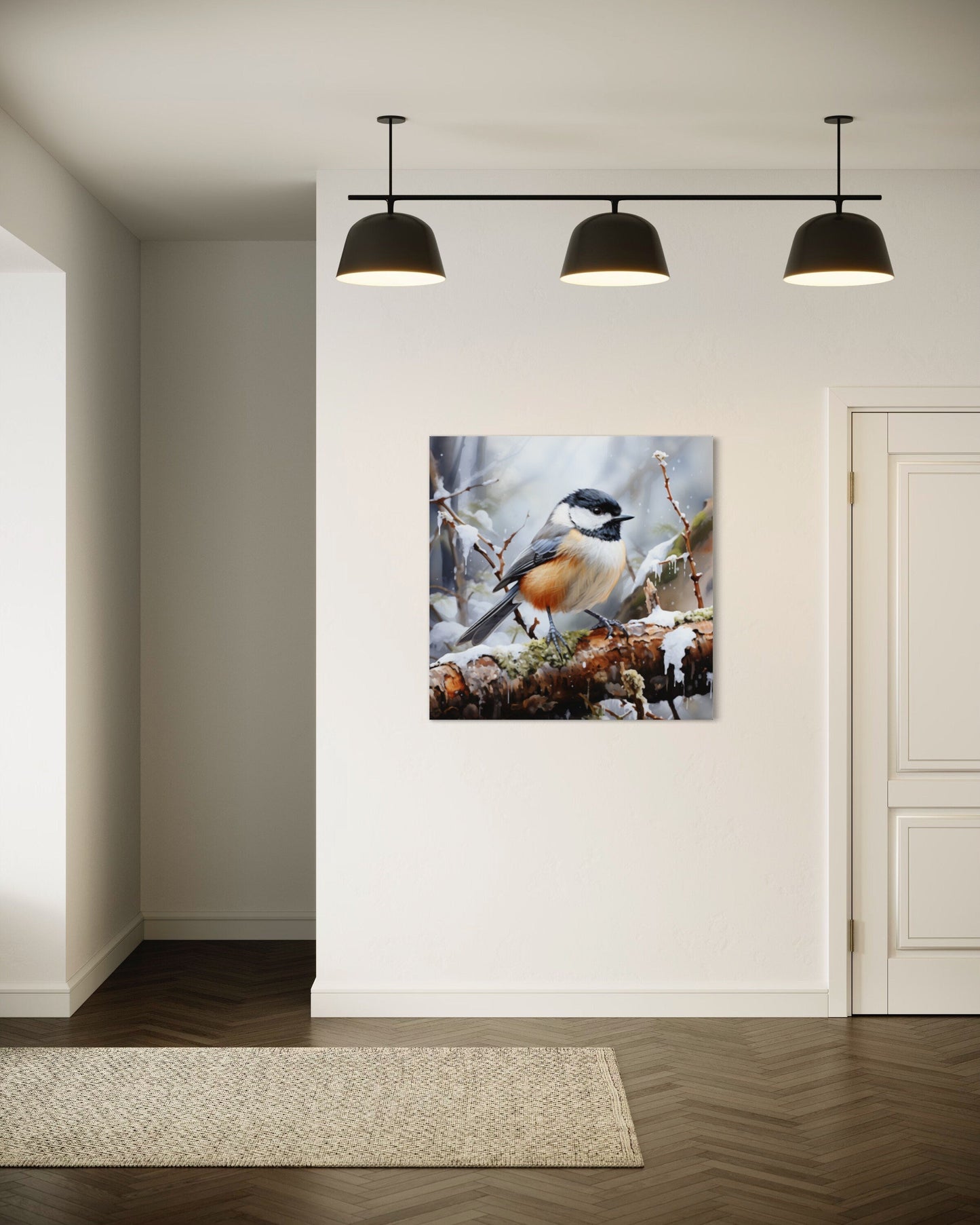 Chickadee In Snow Framed Canvas Wall Art