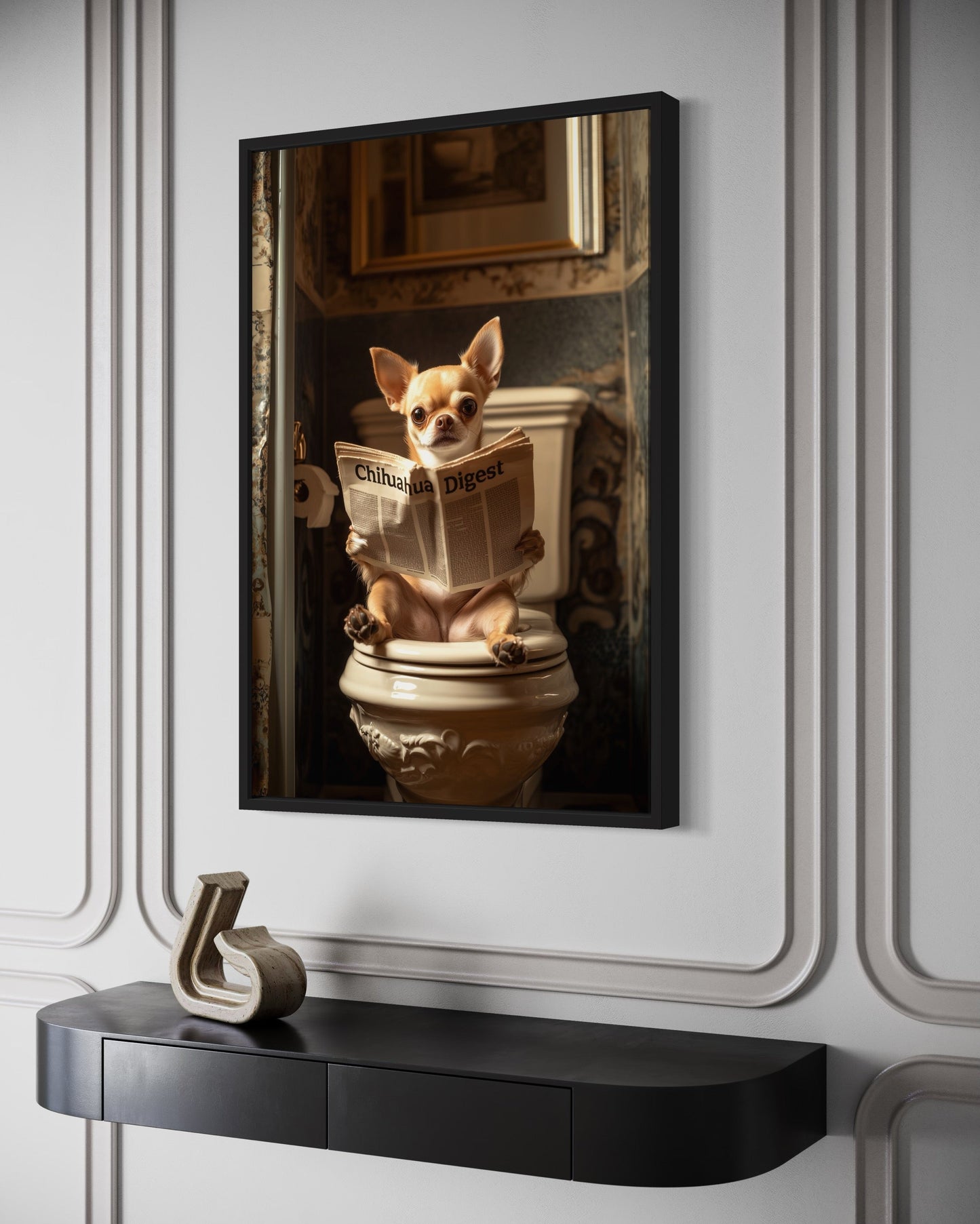 Chihuahua On The Toilet Reading Newspaper Picture Canvas Wall Art