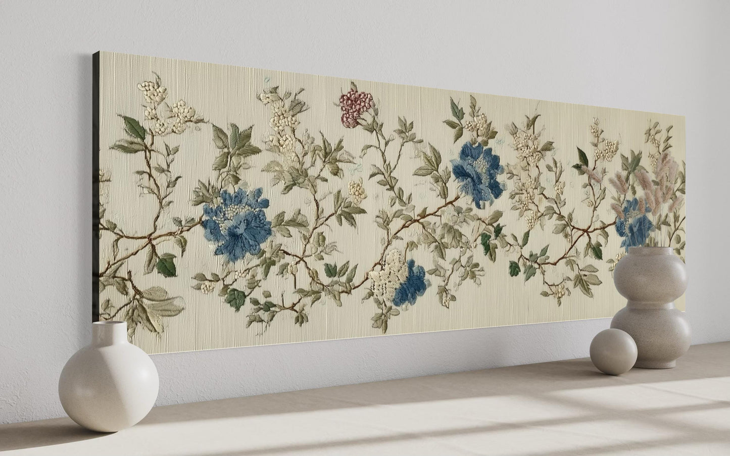 Chinoiserie Floral Botanical Blue Beige Long Horizontal Bedroom Wall Art