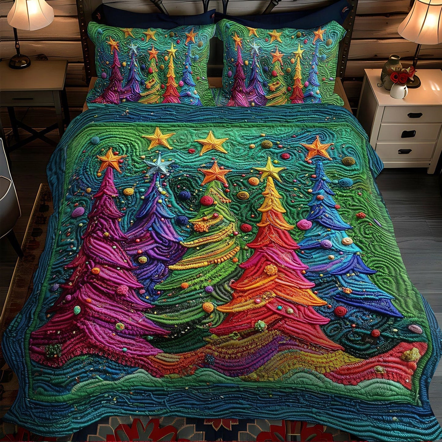 Single (59'' x 70'') /Christmas Star Pines 3-Piece Quilted Bedding Set