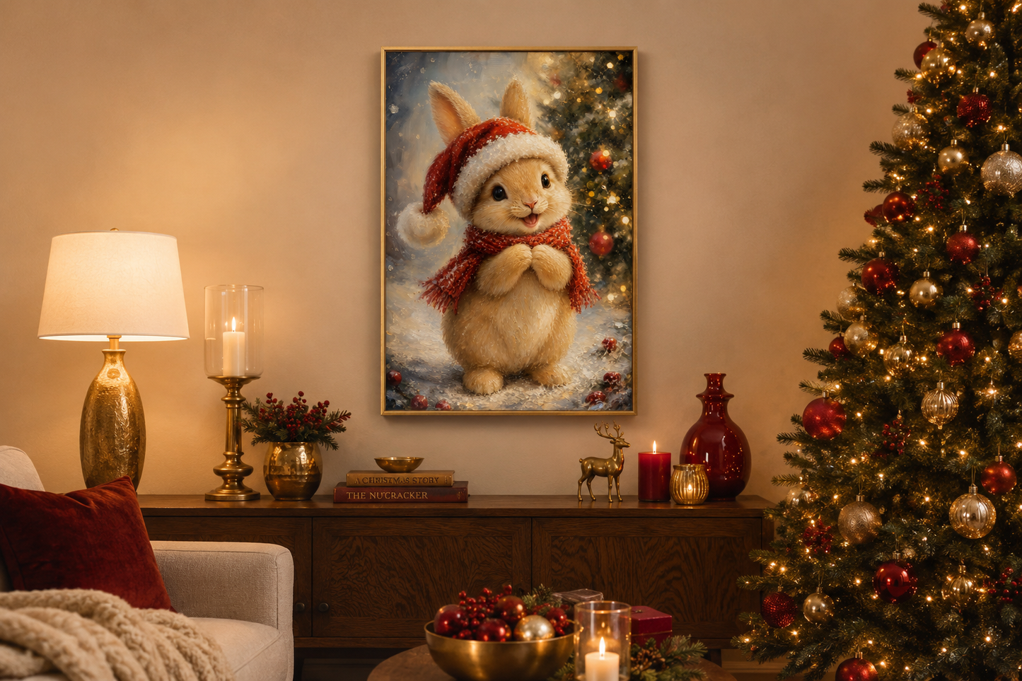 Christmas Bunny Wall Art – Red Scarf Rabbit Canvas with Snowy Pine Decoration