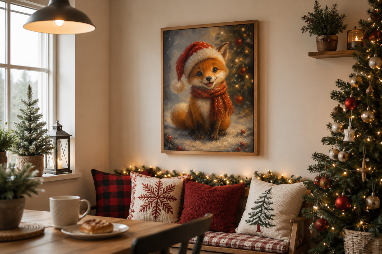 Christmas Fox Wall Art – Festive Canvas Print With Santa Hat | Rustic Nursery Decor