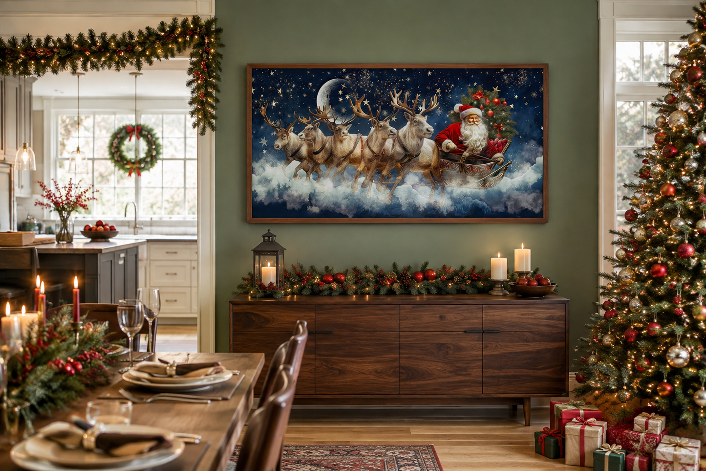 Santa Claus In Sleigh Pulled By Reindeer Canvas Wall Art – Festive Christmas Wall Decor