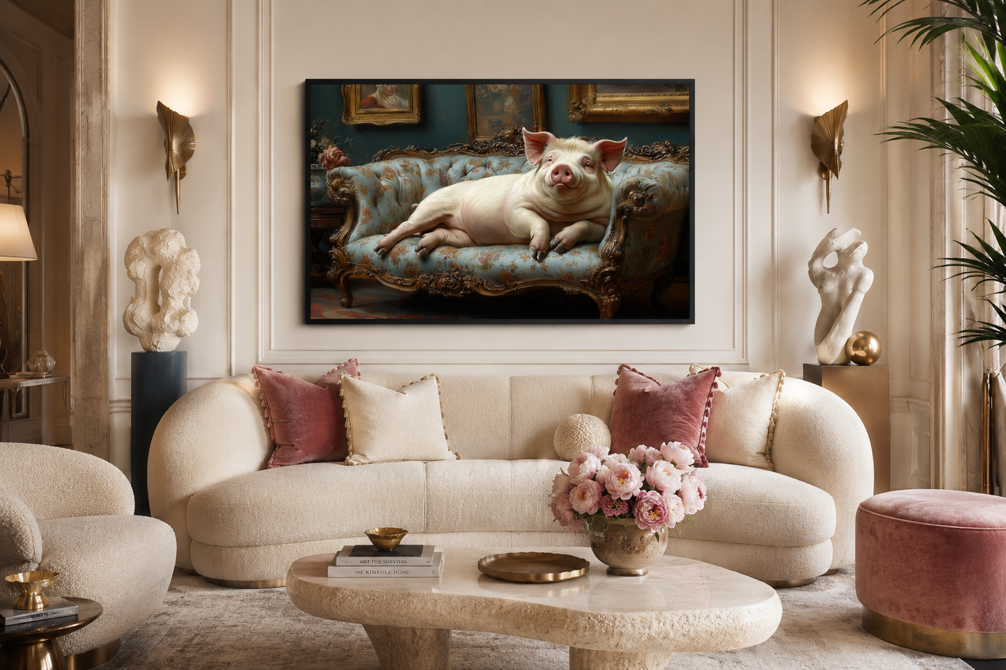 Chubby Fat Pig Lounging On the Couch Victorian Portrait Framed Canvas Wall Art