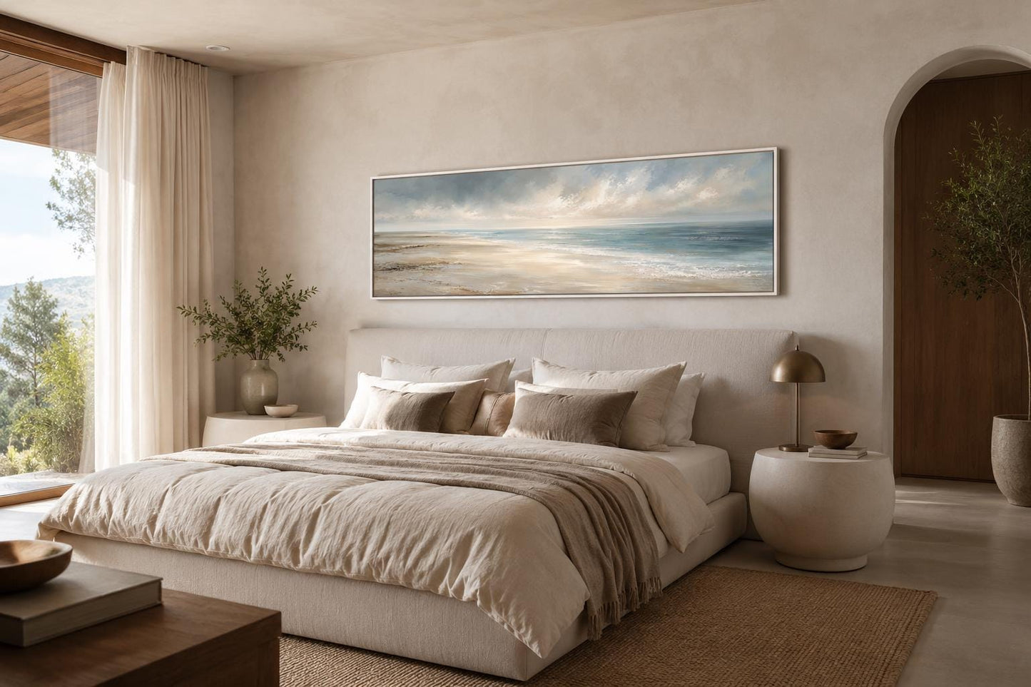 Coastal Wall Art - Long Horizontal Ocean Seascape Canvas with Soft Clouds and Gentle Waves