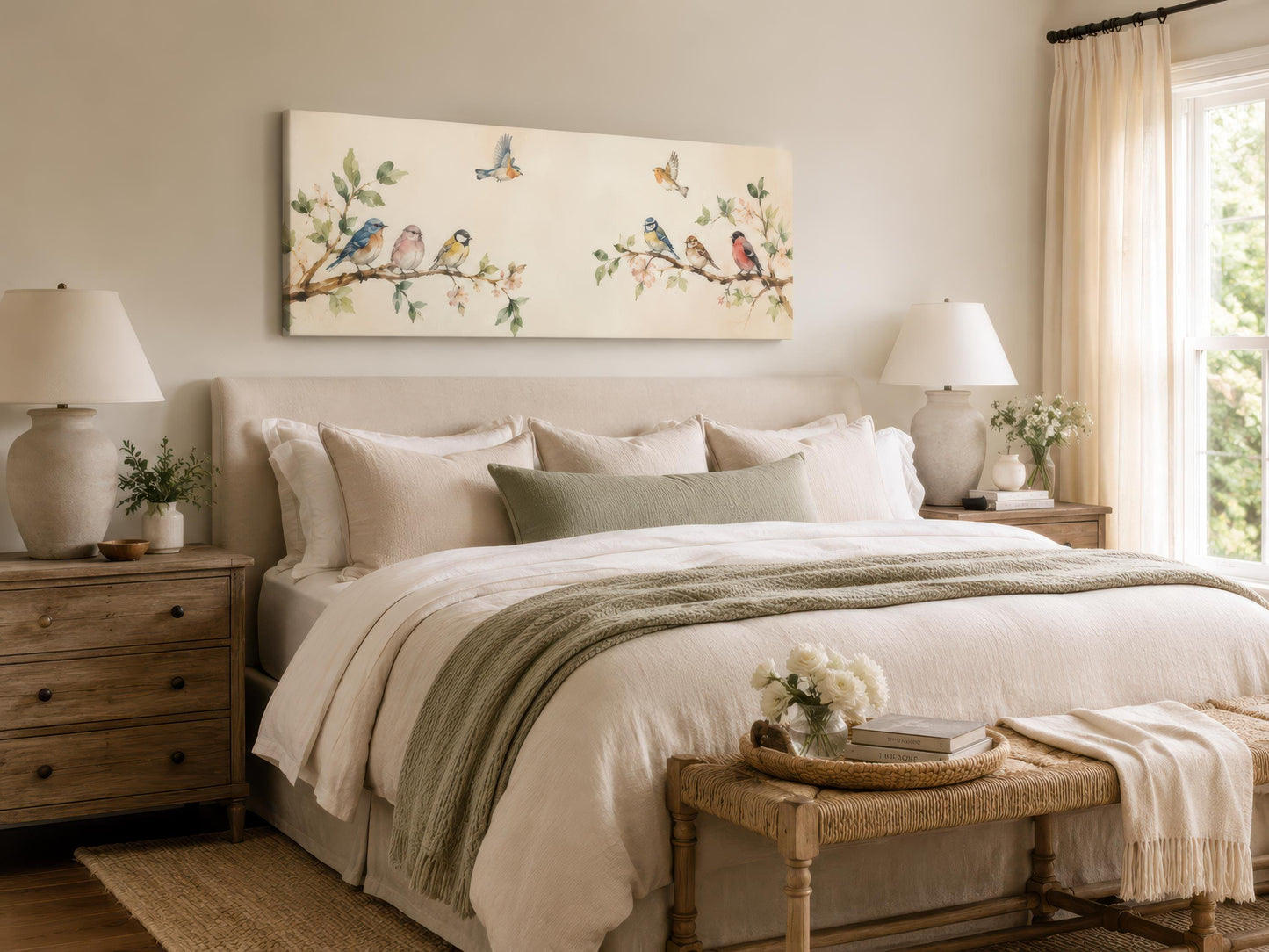 Colorful Birds Wall Art – Long Horizontal Canvas Print with Blossoming Branches & Songbirds