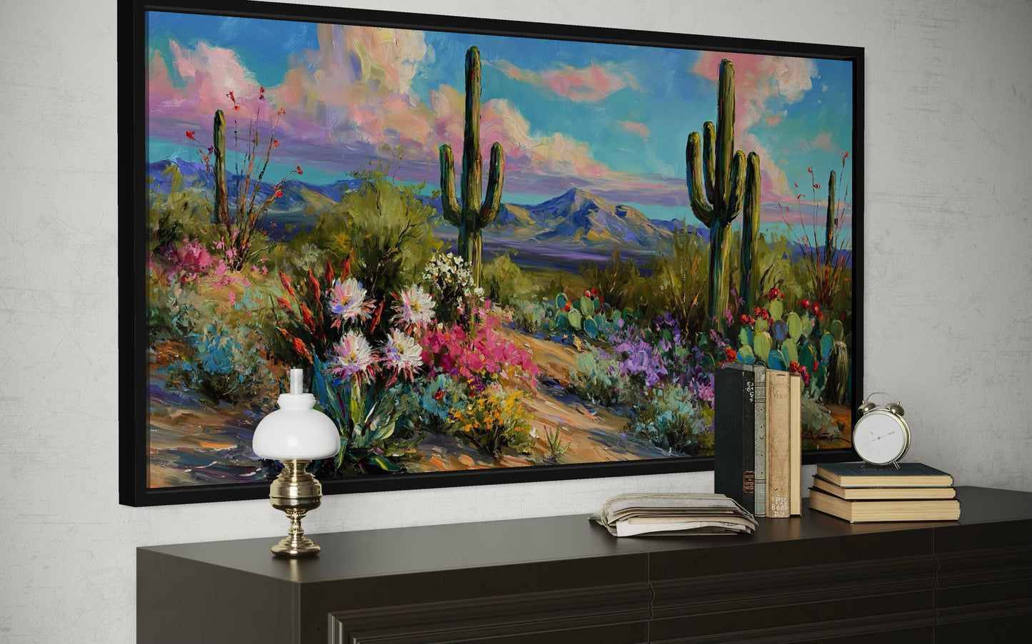 Colorful Saguaro Cactus And Wildflower Desert Canvas Wall Art