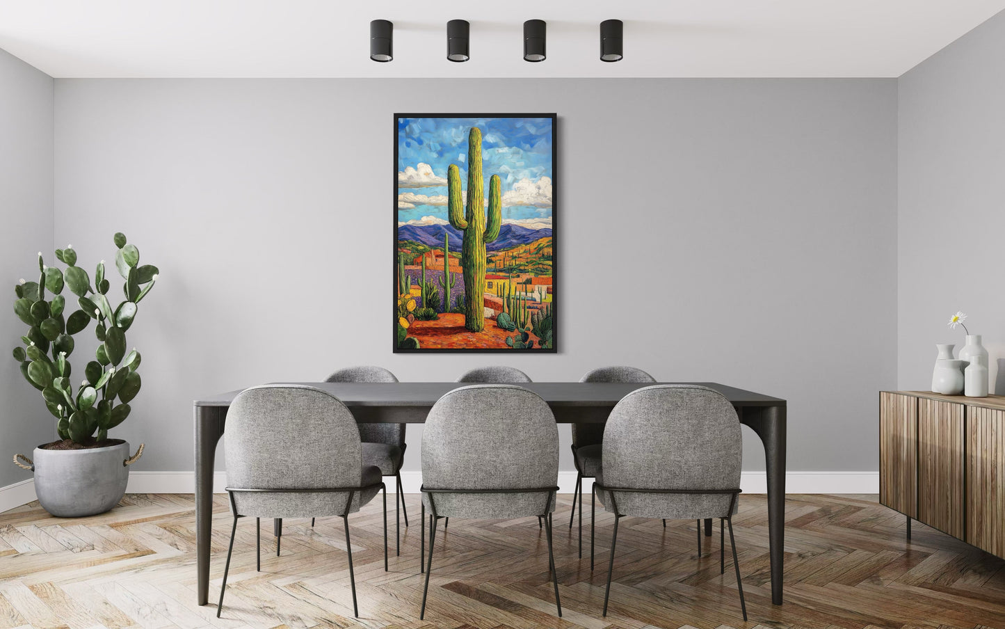 Colorful Saguaro Cactus Traditional Mexican Framed Canvas Wall Art