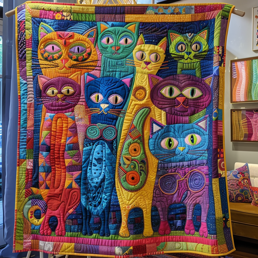 Colorful Cats and Flowers Quilted Blanket - Throw (55" x 60")