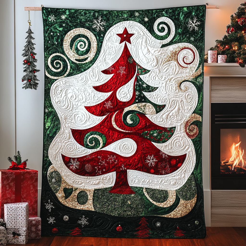 Colorful Christmas Tree Quilted Blanket - Throw (55" x 60")