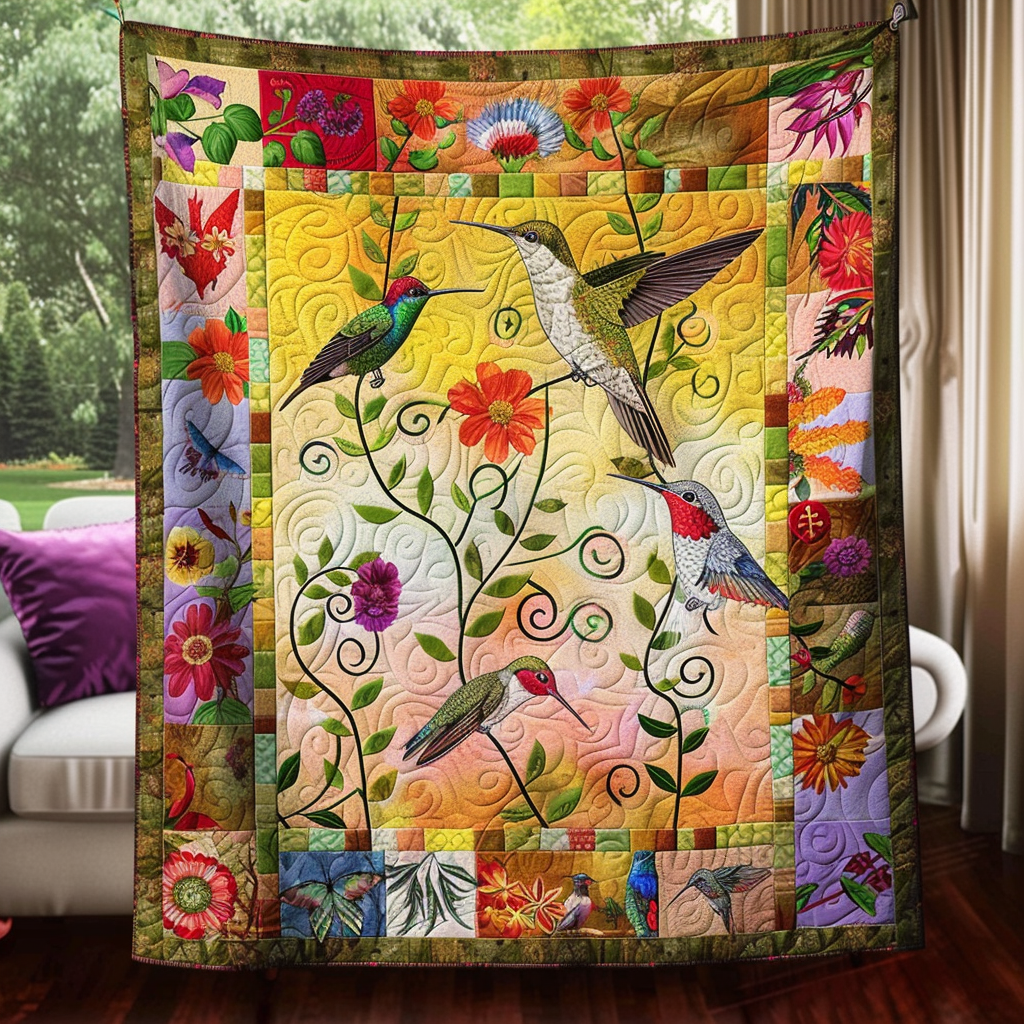Colorful Hummingbird Quilted Blanket - Throw (55" x 60")