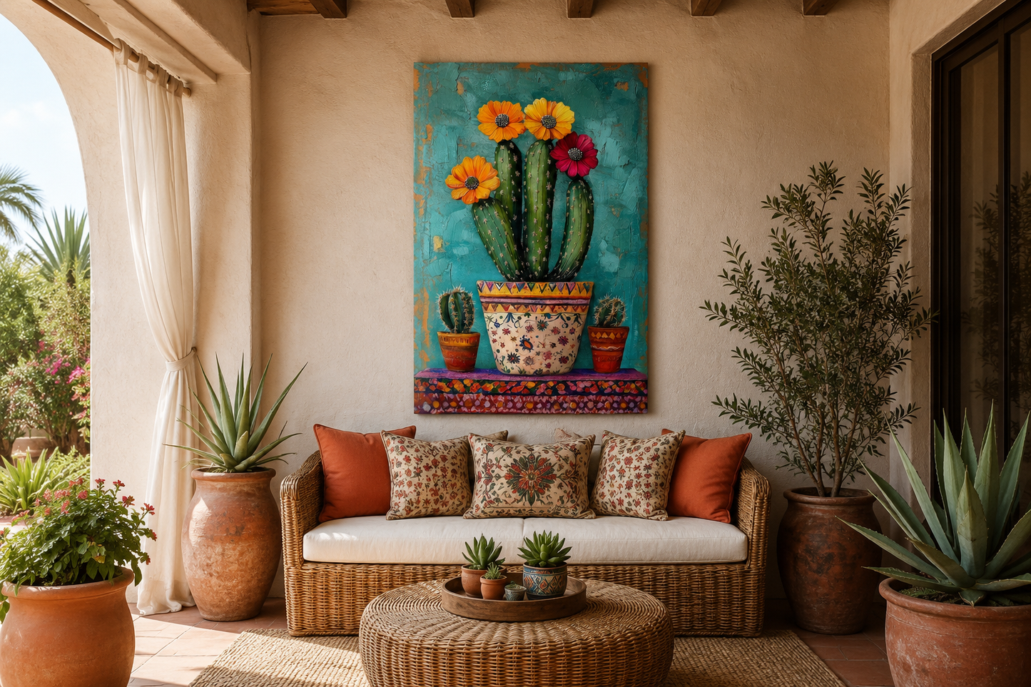 Colorful Mexican Blooming Cactus Framed Canvas Wall Art