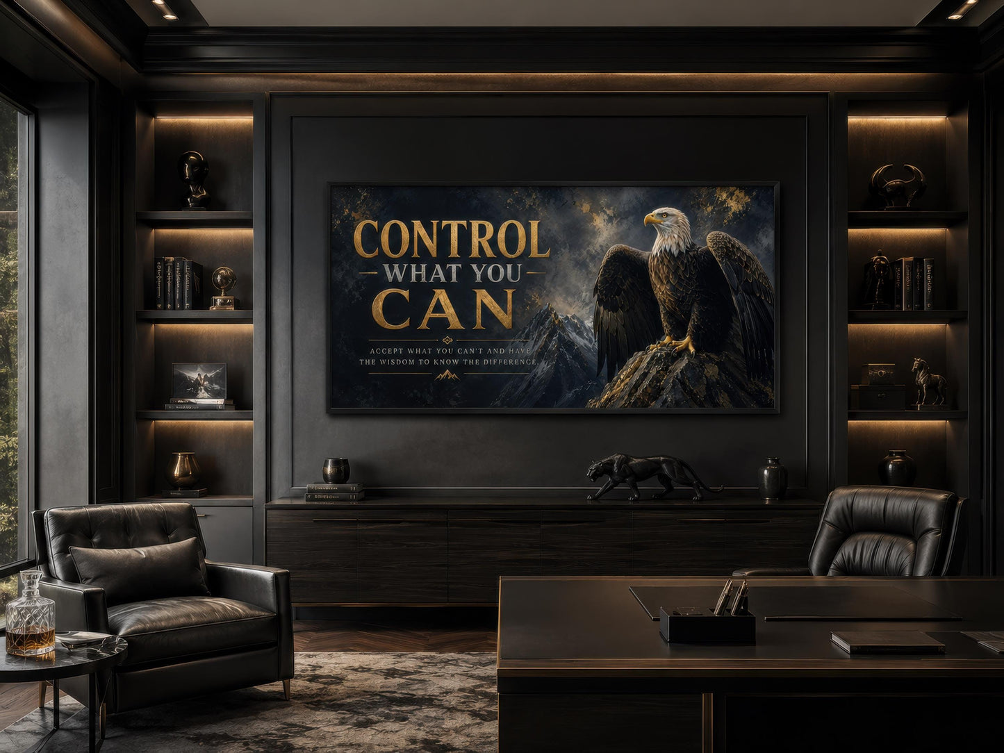Control What You Can Motivational Bald Eagle Art – Black and Gold Canvas Print for Mens Office Decor
