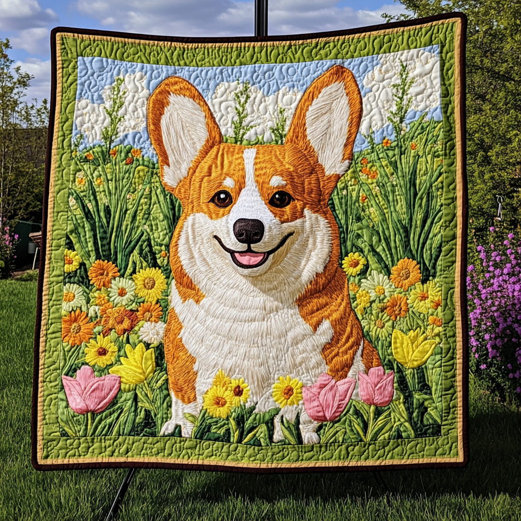 Corgi Flowered Path Quilted Blanket - Throw (55" x 60")