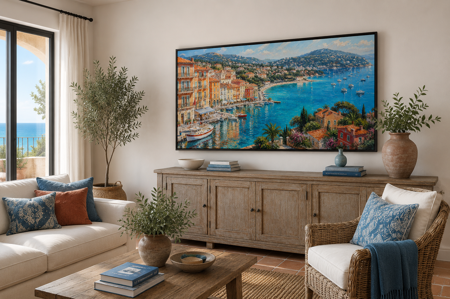 Cote d'Azur French Riviera Coastal Village Harbor Painting with Sailboats For Coastal Home Decor Canvas Wall Art
