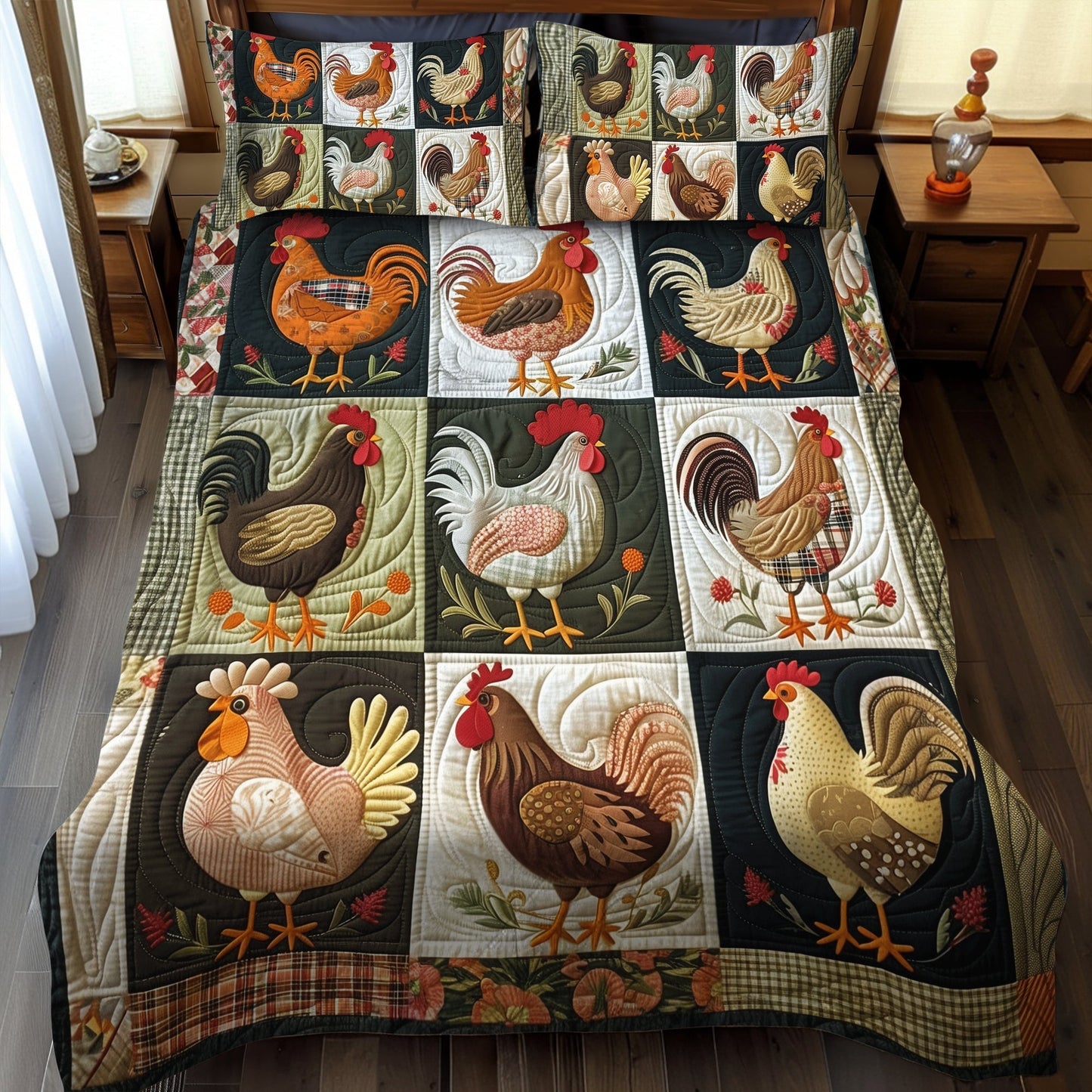Cottage Hens 3-Piece Quilted Bedding Set - Single (59" x 70")