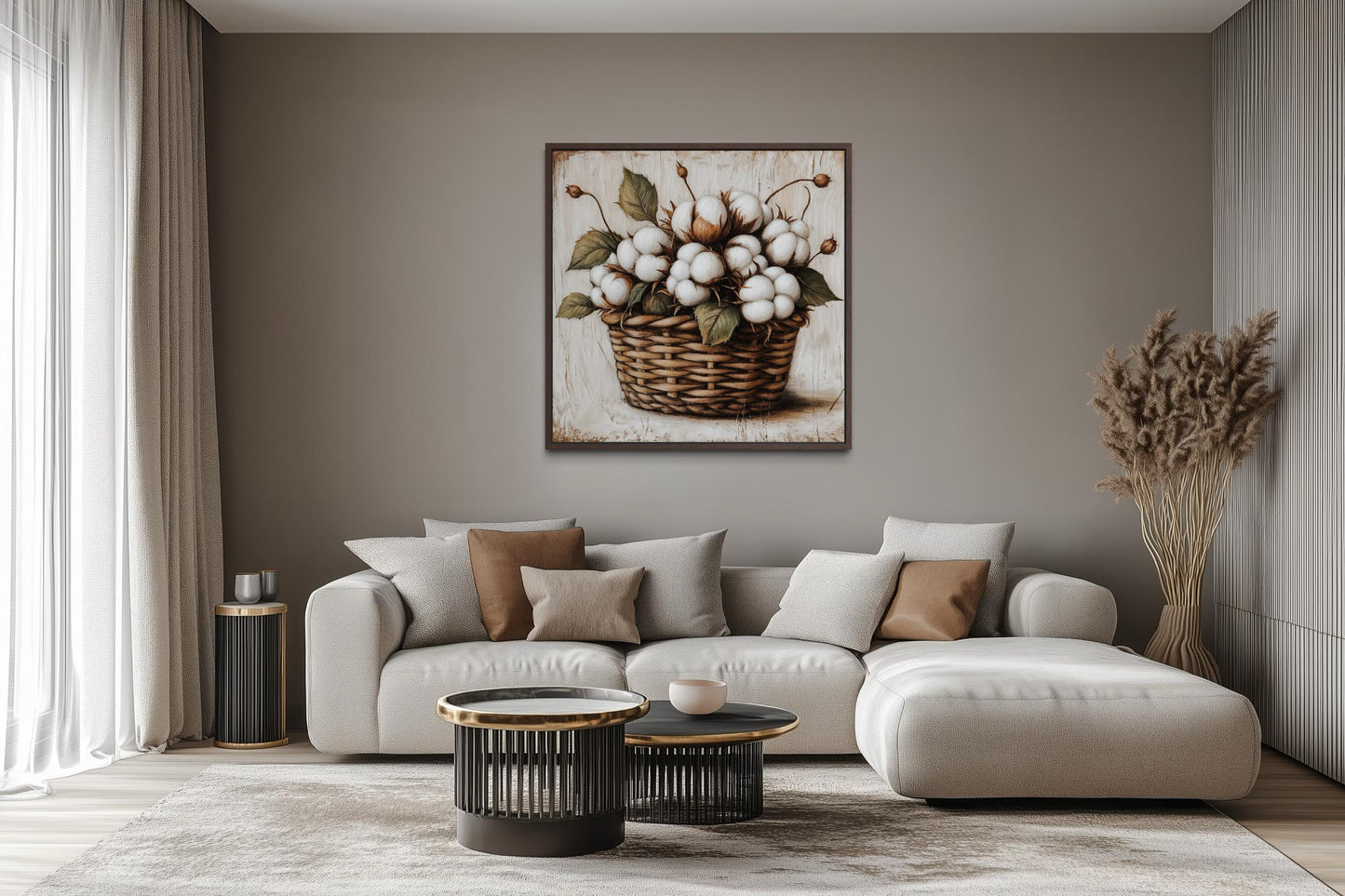 Cotton Bolls in Wicker Basket Canvas Wall Art for Farmhouse Decor