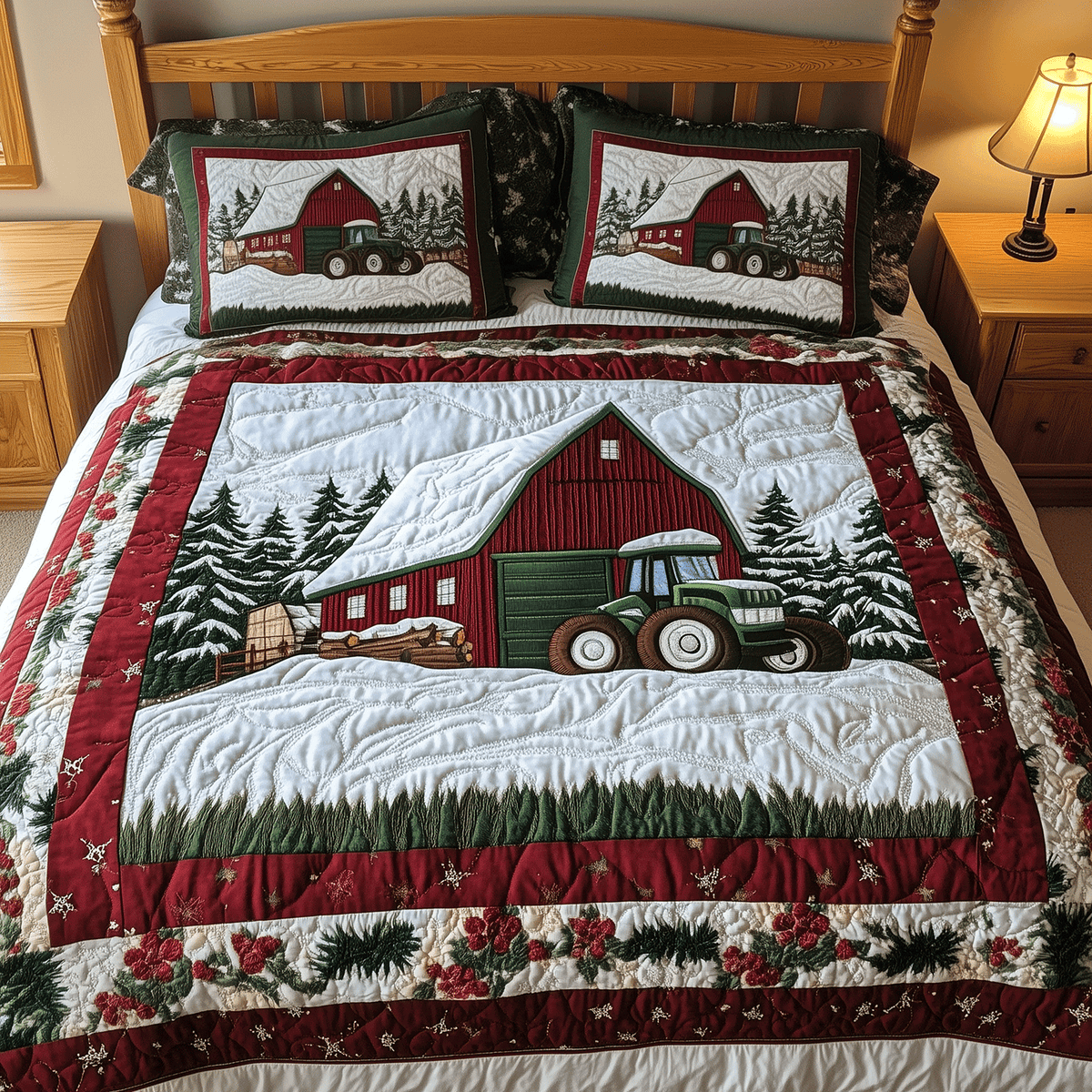 Country Christmas Barn 3-Piece Quilted Bedding Set - Single (59" x 70")