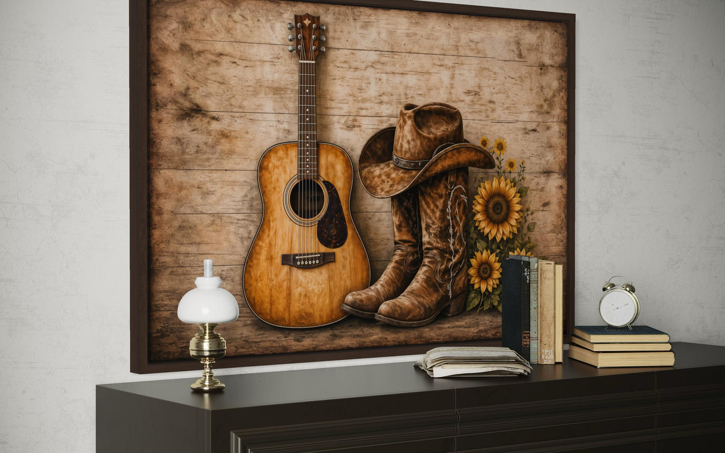 Cowboy Boots, Hat, Guitar and Sunflowers Canvas Wall Art