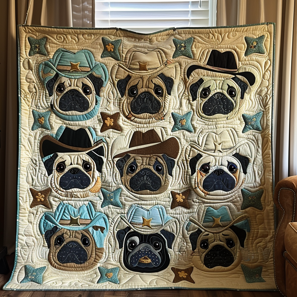 Cowboy Pug Quilted Blanket - Throw (55" x 60")