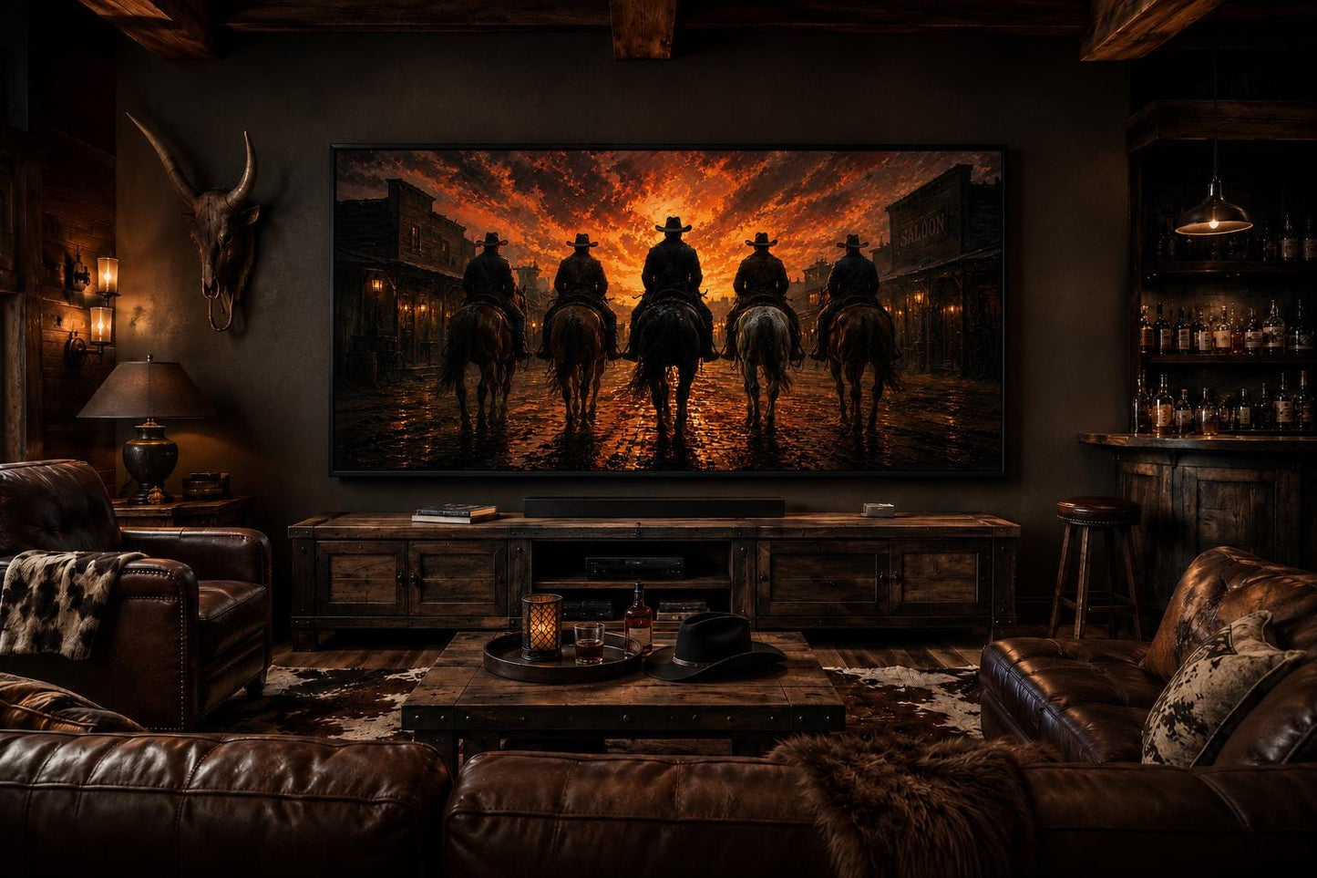 Cowboys Riding Into Old West Town Sunset Canvas Print Western Wall Art for Man Cave