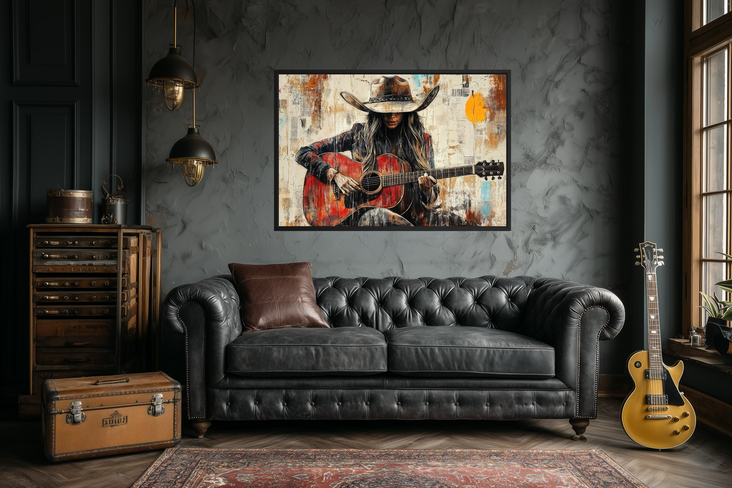 Cowgirl Playing Guitar Framed Canvas Wall Art