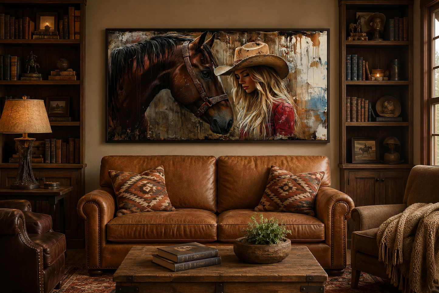 Cowgirl And Horse Graffiti Framed Canvas Wall Art For Western Room Decor
