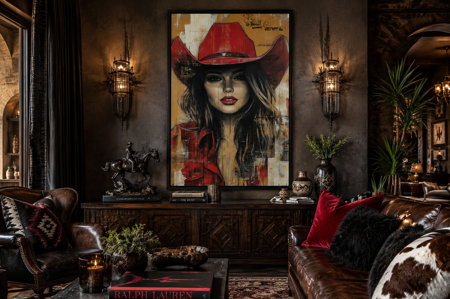 Cowgirl In Red Hat Graffiti Portrait Framed Canvas Wall Art Western Decor