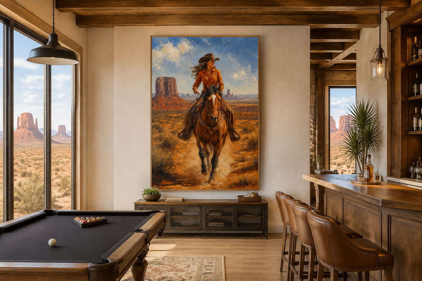 Cowgirl Riding A Horse In Monument Valley Framed Canvas Wall Art