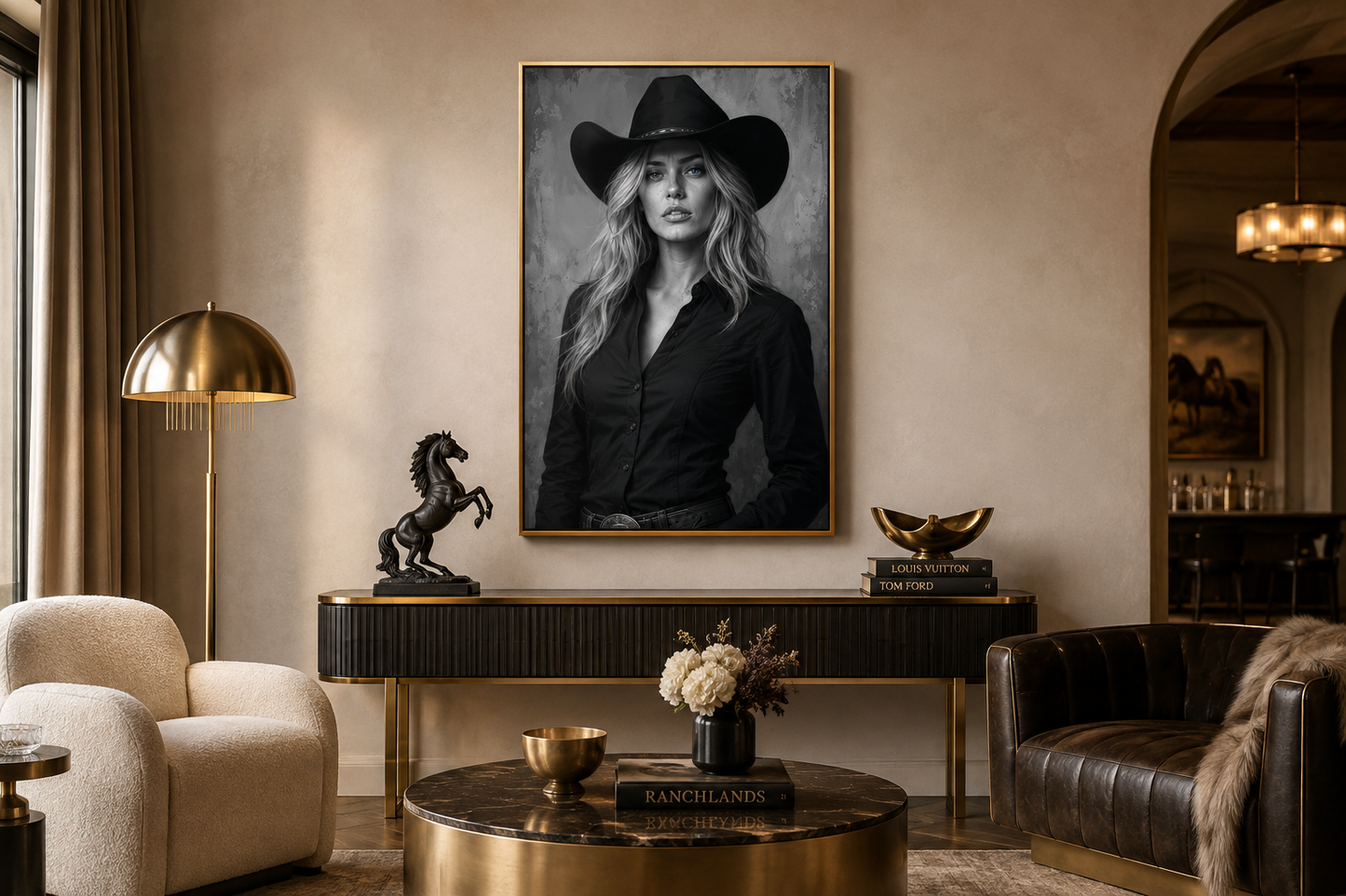 Black And White Cowgirl Portrait With Striking Blue Eyes Wall Art