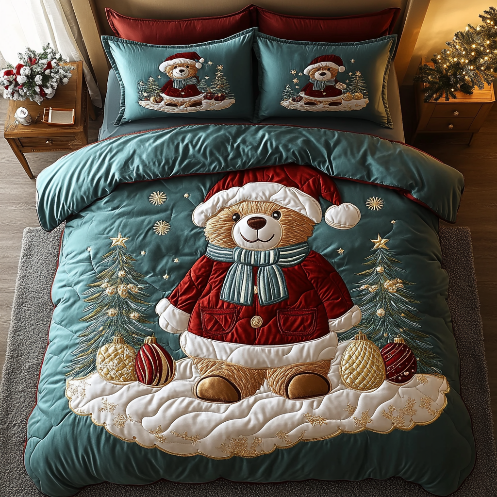 Cozy Christmas Bear 3-Piece Quilted Bedding Set - Single (59" x 70")